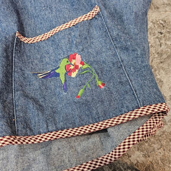 Vintage Button Up Denim Jacket Gingham Trim & Floral Embroidery Cottagecore - Picture 8 of 9